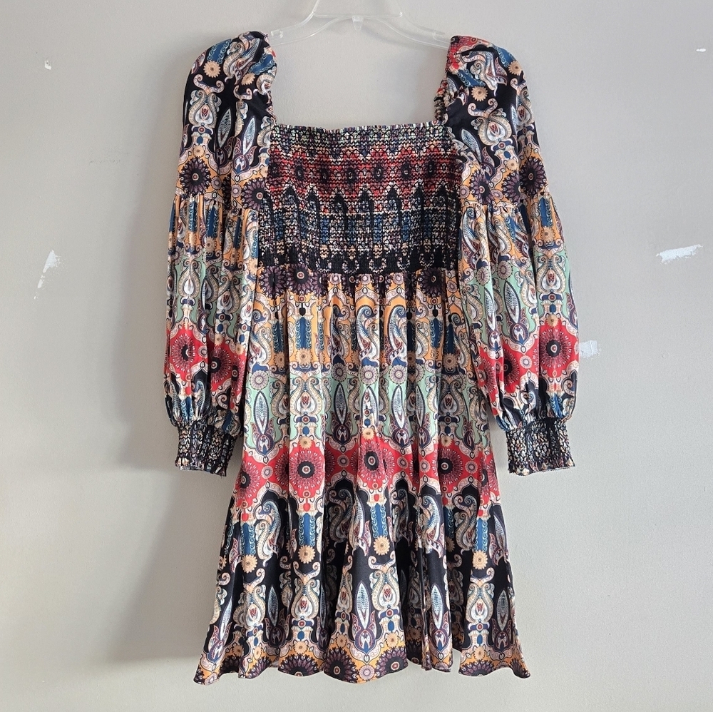 Alice and Olivia Julissa Smocked Mini Dress Size 2 Colorful Multiprint - Picture 5 of 16